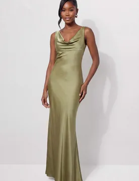 Womens Premium Satin Cowl Neck Fishtail Maxi Bridesmaid Dress - Green - Size 12 Uk - misspap - FashionsVida