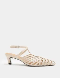 Leather Caged Strappy Kitten Heel Sandals Ivory female