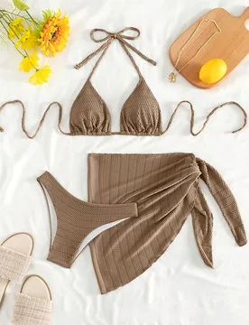 Juego de bikini de verano plano de playa con sujetador tipo triángulo de halter y Bottom de traje de baño con falda de cubierta de playa S - Shein - FashionsVida