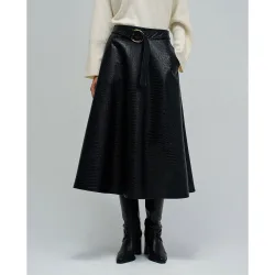 Falda midi de mujer effecto piel con cinturón