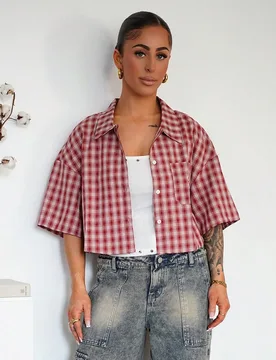 Camiseta holgada de cuadros con corte crop vintage estilo "preppy" para mujer, para primavera/verano, camisa roja para Año Nuevo XS - Shein - FashionsVida