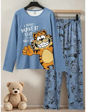 Conjunto de pijama de 2 piezas para niños con estampado de tigre, tela de punto suave, manga larga, top y pantalones, casual, lindo, kawaii, azul y n - Shein - FashionsVida