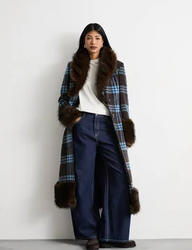 Women's Faux Fur Collared Check Belted Coat in Cobalt Size: 10 - Cobalt - Size: 10 - Warehouse - FashionsVida