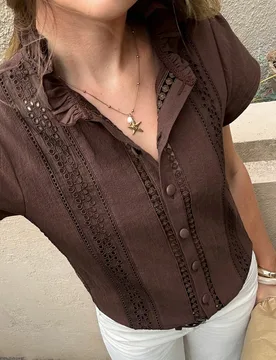 Camisa de mujer 100% algodón color marrón café, elegante blusa casual de verano con bordado, ribete de volantes, cierre de un solo botón, top de e - Shein - FashionsVida
