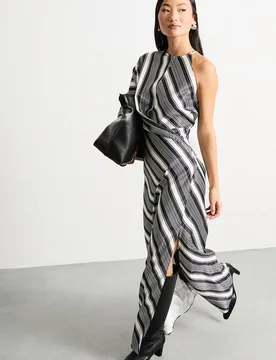 Women's Petite Printed One Shoulder Twist Front Keyhole Satin Maxi Dress in Stripe Size: 16 - Stripe - Size: 16 - Warehouse - FashionsVida