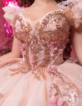 Shiny Pink Quinceanera Dress glitter crystal 3D flower Decal Long tail Bow Vestidos De 15 Quinceanera ﻿Customize - Aliexpress - FashionsVida