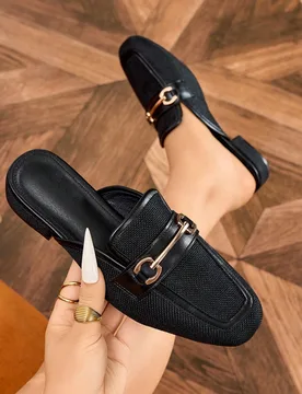 Mules de tacón bajo para mujer, cómodos zapatos planos de punta redonda y cerrada, tipo slip-on, mocasines negros EUR42 - Shein - FashionsVida