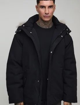 Mens Tall Faux Fur Trim Hooded Boxy Oversized Parka Jacket - Black Cotton - Size Medium - boohooMAN - FashionsVida