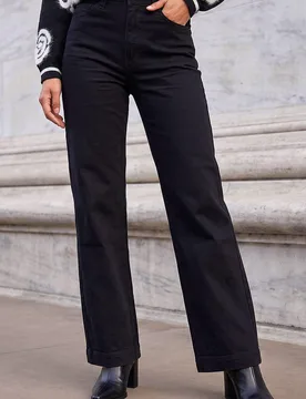 Women's Cotton Blend Wide Leg Stretch Jeans in Black Size: 10 - Black - Size: 10 - Roman - FashionsVida