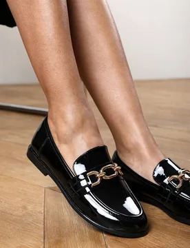 Women's Lettie Wide Fit Girl's School Shoe Chain Trim Detail Flat Loafers in True Black Size: 8-Wide Fit - True Black - Size: 8-Wide Fit - Where's That From - FashionsVida