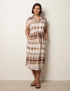 Drawstring Printed Midi Shirt Dress - M/L / MOCHA - female - Blue Vanilla - FashionsVida