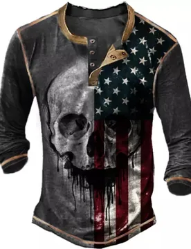 Mens Split USA Flag Drip Skull Henley Long Sleeve T-Shirt Contrast Trim Casual Top - Aliexpress - FashionsVida