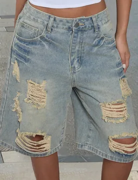 Shorts vaqueros tipo bermuda Y2K de pierna recta con efecto desgastado, rotos, dobladillo deshilachado y bolsillos inclinados, adecuados para citas, f - Shein - FashionsVida
