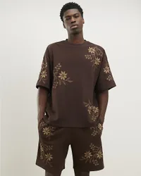 Mens T-Shirt Brown Oversized Fit Floral Crew Neck Cotton - Size Small