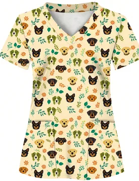 Blusa con estampado integral, 2 bolsillos, uniforme de enfermera, ropa profesional para mujer, enfermería, dental, salón de belleza, uniforme de sal - Shein - FashionsVida