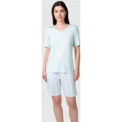 Pijama completo de mujer manga corta liso y cuello ligeramente pico