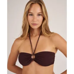 Top de bikini bandeau en tejido piqué con un aro en el centro y tiras