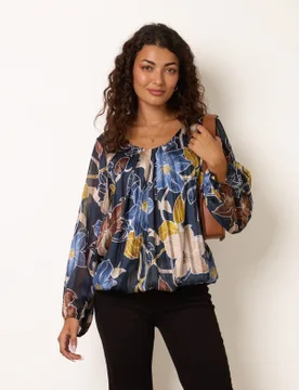 Long Sleeve Metallic Round Neck Blouse - M/L / NAVY/MUSTARD - female - Blue Vanilla - FashionsVida