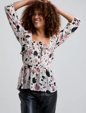 Matilda Peplum Peony Print Blouse In Cream - 8 - Lily and Lionel London Limited - FashionsVida
