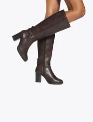 Leather Buckle Block Heel Knee High Boots Brown female