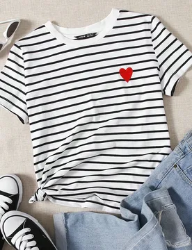 Camiseta a rayas con bordado en forma de corazón, conjunto de ropa de verano XL - Shein - FashionsVida