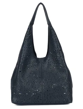 Women's Large Laser Cut Design Slouch Tote Bag with Matching Pouch in Navy - Navy - Size: One Size - Kitise - FashionsVida
