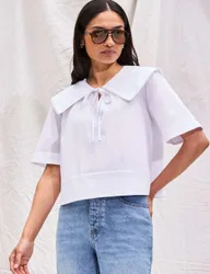 Pure Cotton Oversized Collared Tie Neck Top White female