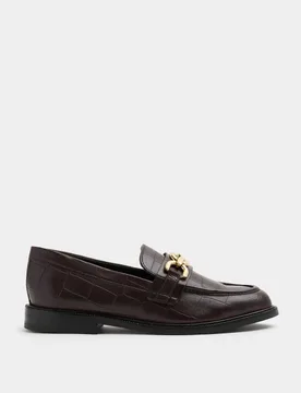 Leather Croc Trim Flat Loafers Burgundy female - M&S - FashionsVida