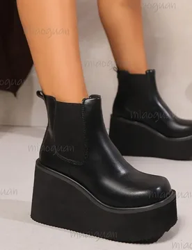 Womens Chunky Boots High Quality Leather Short Boots Fashion Wedges Platform Boots Classic Slip on Ankle Booties Bottines Femmes - Aliexpress - FashionsVida
