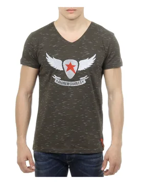 Mens T-Shirt Short Sleeves V-Neck Dark Green Connor - Size Large - Andrew Charles By Andy Hilfiger - FashionsVida