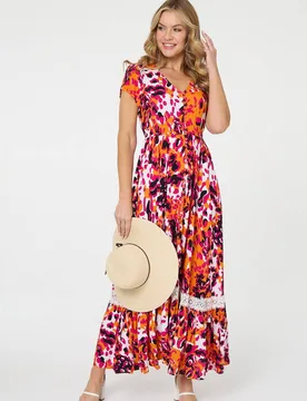 Women's Animal Print Lace Trim V-Neck Maxi Dress in Orange Size: 14 - Orange - Size: 14 - Izabel London - FashionsVida