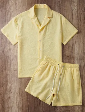 Conjunto de camisa de manga corta de un solo pecho y pantalones cortos de unicolor para hombres, ideal para la playa XL - Shein - FashionsVida