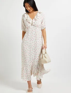 Women's Petite Cream Ditsy Frill Neck Puff Sleeve Maxi Dress in Floral Size: 10 - Floral - Size: 10 - Dorothy perkins - FashionsVida