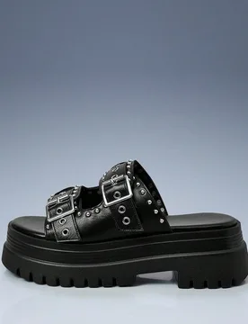 Sandalias de plataforma con cuña y correa de metal con ojetes para mujeres, estilo motocicleta para chicas cool, adecuadas para primavera/verano, vac - Shein - FashionsVida