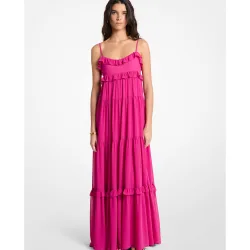 Vestido largo de georgette a capas con volantes