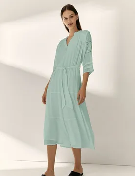 Vestido midi forrado manga francesa cuello mao - Paz Torras - FashionsVida