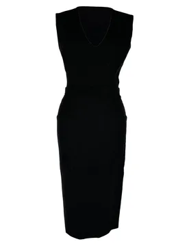 Women's Preloved Sleeveless V-Neck Fitted Dress in Black Wool Size: 8 - Black - Size: 8 - Victoria Beckham - FashionsVida