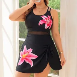 Vestido de baño tipo vestido para mujer talla grande con gráfico celestial tropical safari, estilo playa caribeño, tirantes finos, cintura anudada,