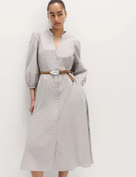 Pure Cotton Striped V-Neck Midi Shirt Dress Grey Mix female - M&S - FashionsVida