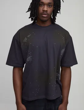 Mens Tall Oversized Boxy Washed Rhinestone T-Shirt - Charcoal Cotton - Size Large - boohooMAN - FashionsVida