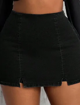 Falda pantalón de mezclilla casual con talle alto y dobladillo con doble abertura para mujer de talla grande 1XL - Shein - FashionsVida