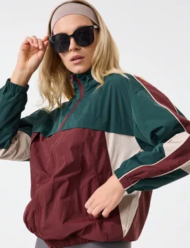 Chaqueta holgada para mujer, color bloque vintage con cuello embudo, cremallera de dos vías, bolsillos ocultos, estilo casual deportivo de vacaciones - Shein - FashionsVida