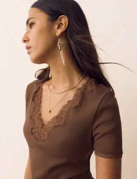 Lace Insert V-Neck Short Sleeve T-Shirt Conker female - Per Una - FashionsVida