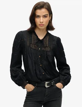 Superdry Damen Gewebte Langarm-bluse aus Spitze Schwarz - Größe: 42 - 69.99 - FashionsVida