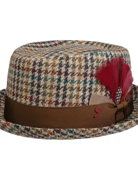 Houndstooth Pork Pie Wool Hat by Alfonso DEste - beige-brown - Size: L (58-59 cm) - Alfonso D´Este - FashionsVida