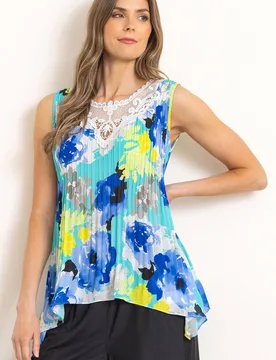 Women's Crochet Trim Floral Pleat Top Size: 12 - Multicolor - Size: 12 - Klass. - FashionsVida