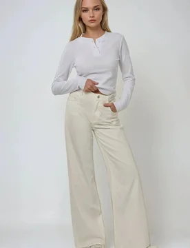 Womens Crew Neck Long Sleeve Wffle T-Shirt - Off-White - Hiccup - FashionsVida