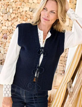 Women's Tie Front Knitted Waistcoat in Navy Size: 14 - Navy - Size: 14 - Cotton Traders - FashionsVida