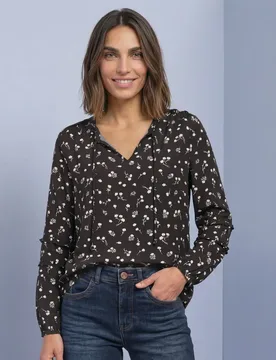 Langarm Bluse mit Split Neck und Rüschen female Braun - Street One - FashionsVida