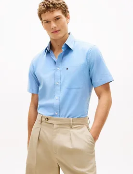 Camisa de caballero de manga corta tipo Oxford lisa - Tommy Hilfiger - FashionsVida